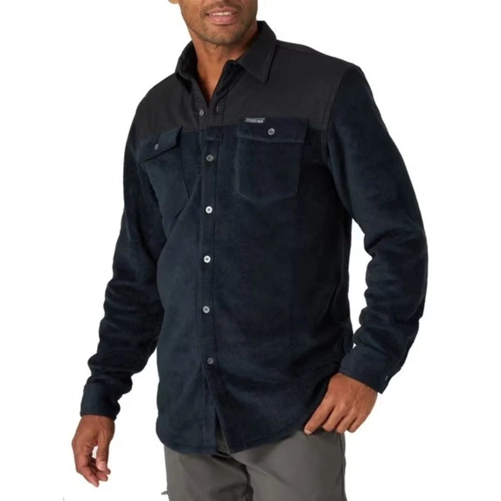Wrangler Men's Outdoor Overlay Navy Fleece Button Up Shirt Large Warm